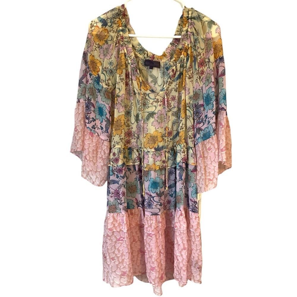 NWT Hale Bob Long Sleeve Tiered Ruffle Dress Floral Multi Color Size XS